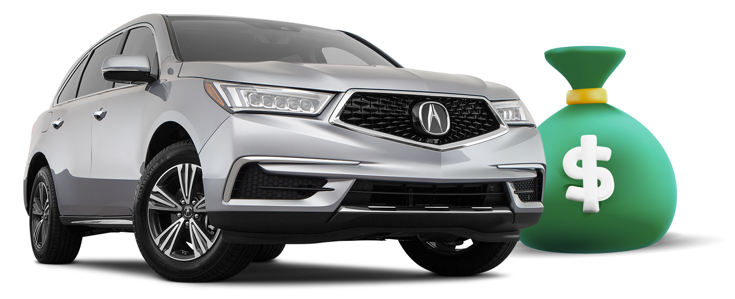 Une voiture argentée à côté d'un sac d'argent illustré.