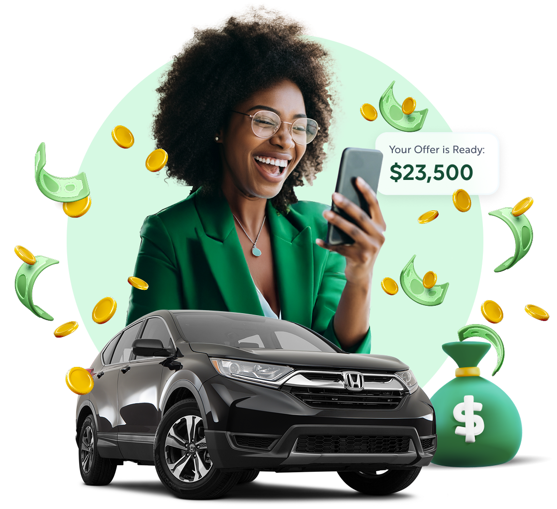 Women showered in money getting a notification of an instant cash offer for her gray SUV