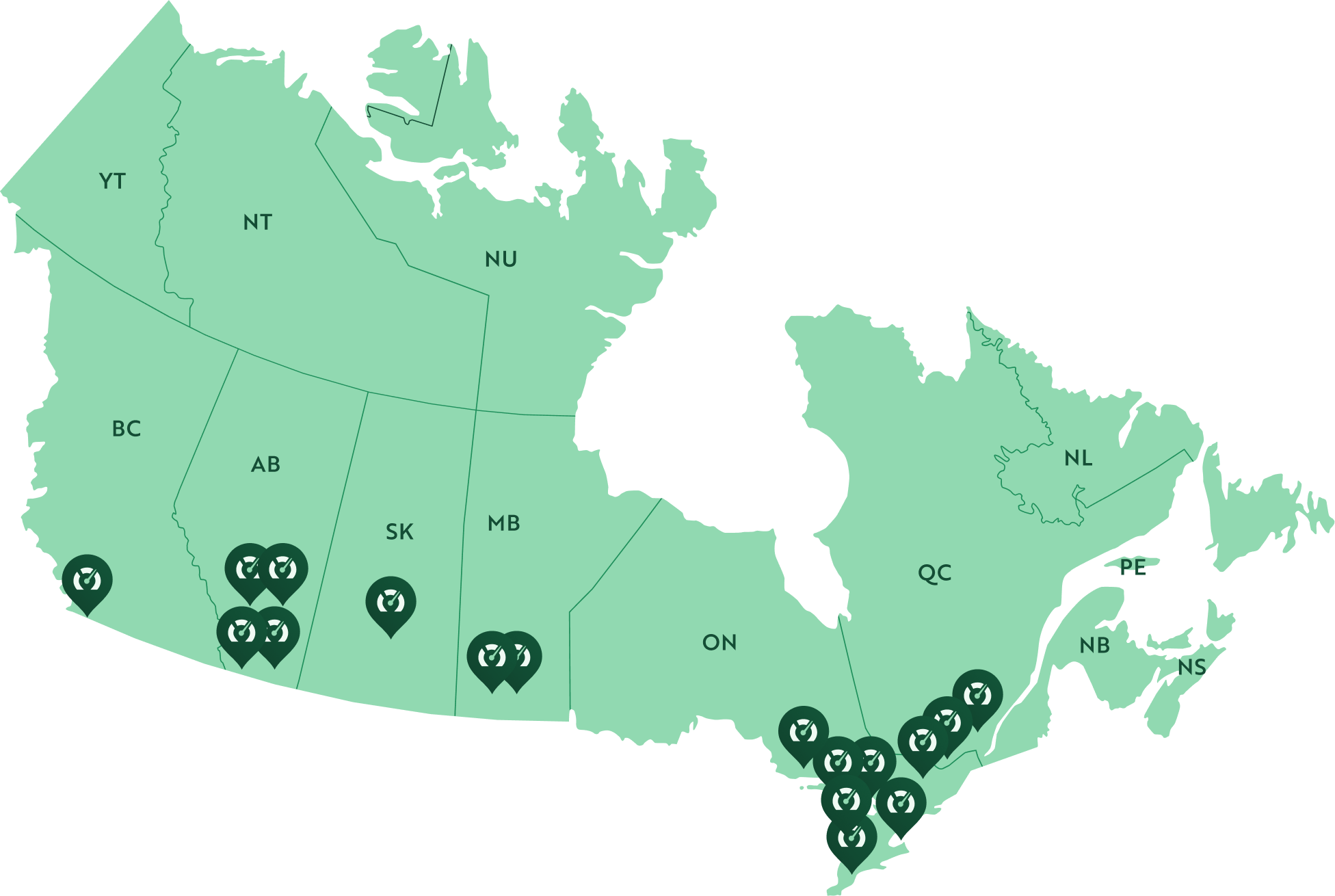 Carte du Canada avec des épingles indiquant les points de dépôt.