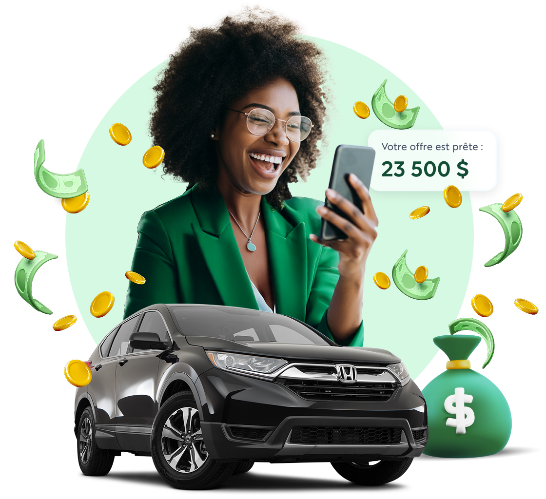 Des femmes sont inondées d'argent en recevant une notification d'offre de rachat instantanée pour leur VUS gris.