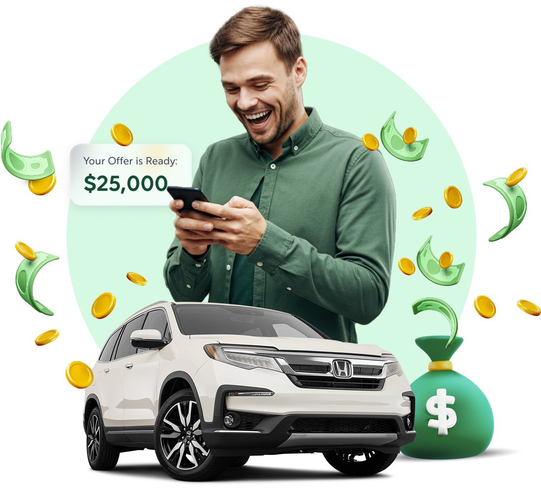 Man receiving an offer for their vehicle with cash everywhere.